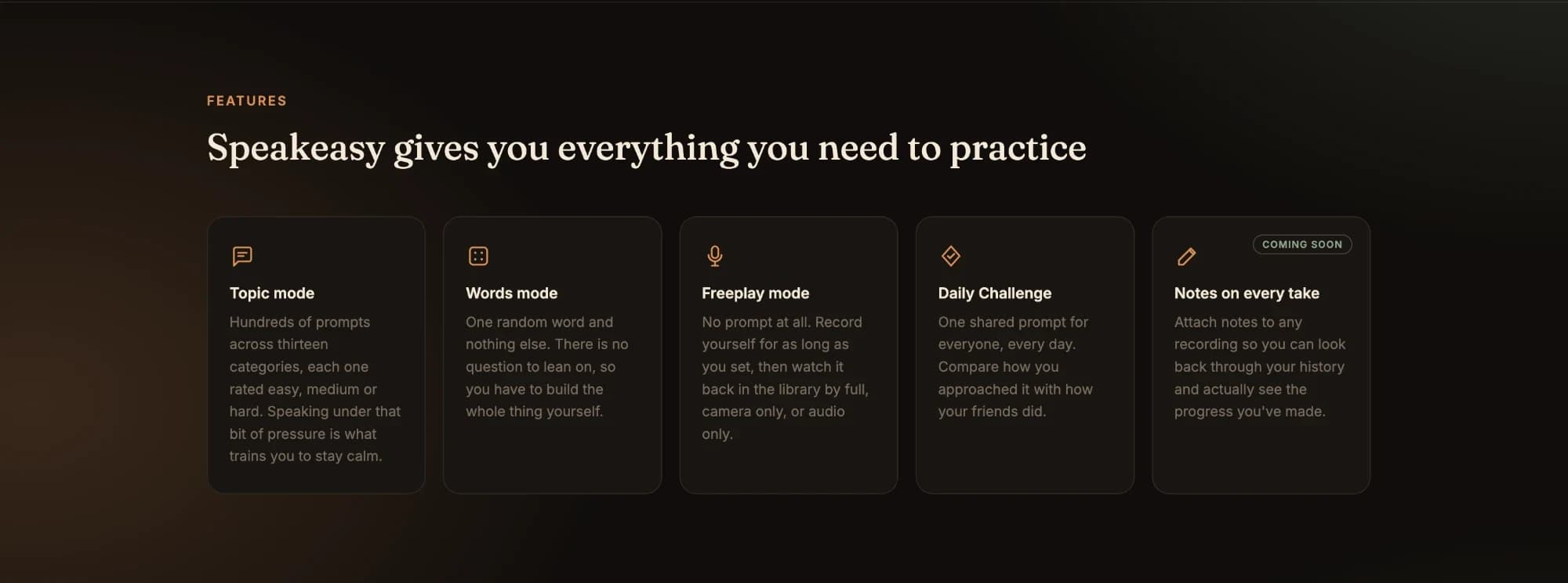 Speakeasy features: Topic, Words, and Freeplay modes, the Daily Challenge, and notes on every take