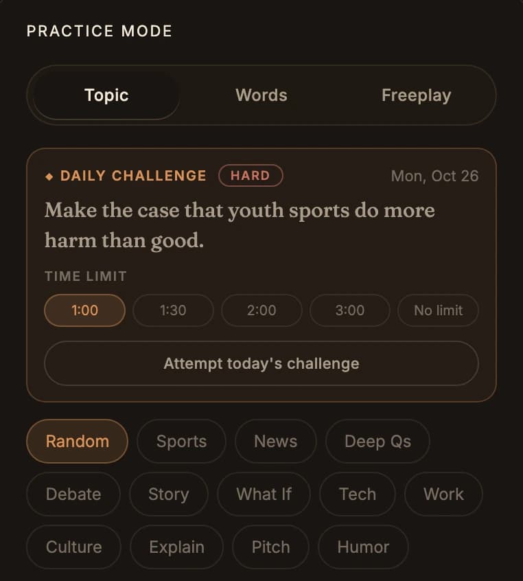 Speakeasy practice mode panel with today's challenge