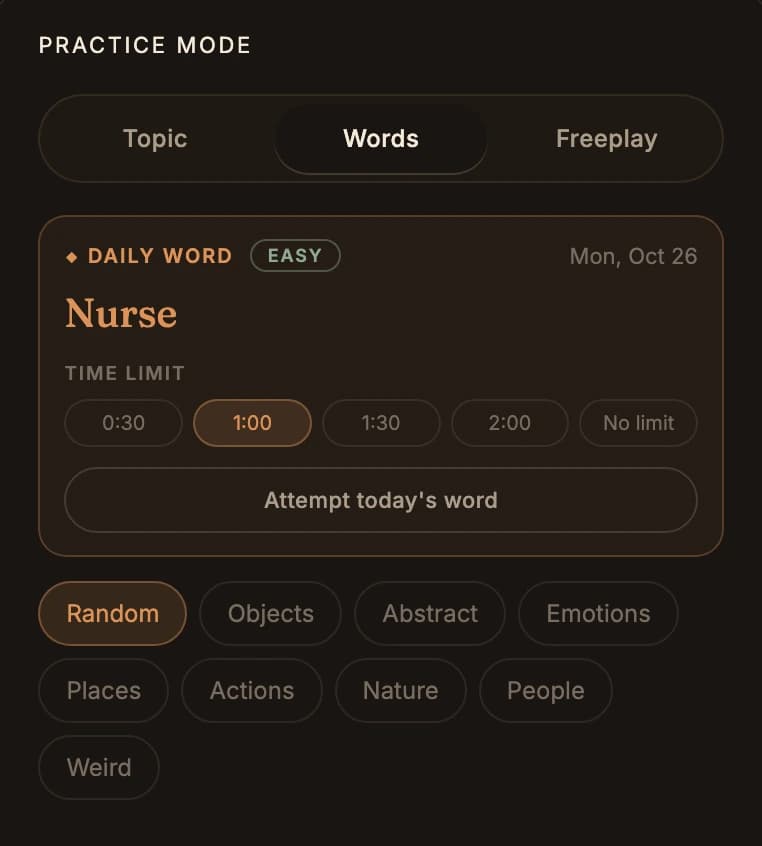 Words mode with the daily word and word categories