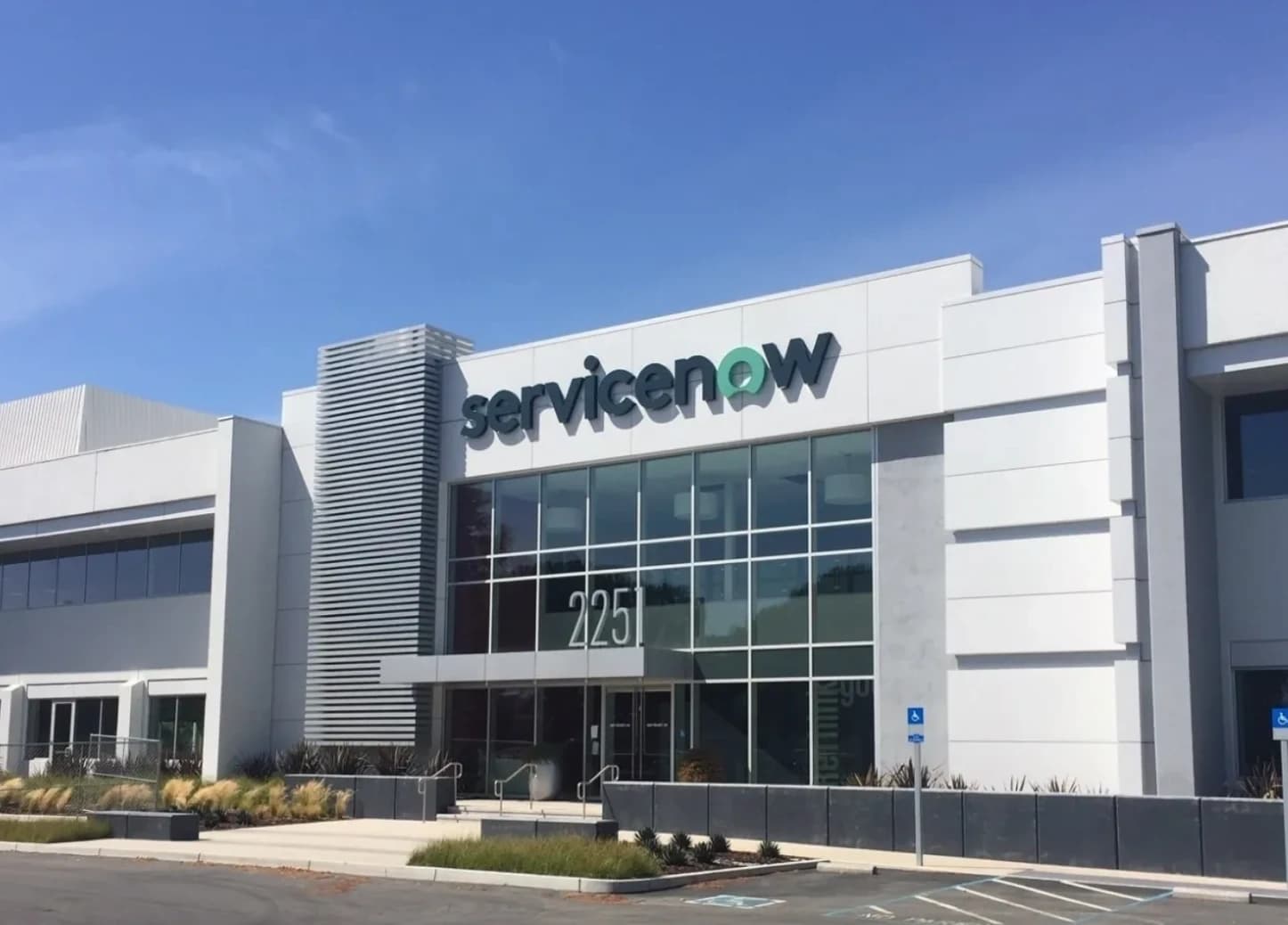 ServiceNow office building with the ServiceNow sign