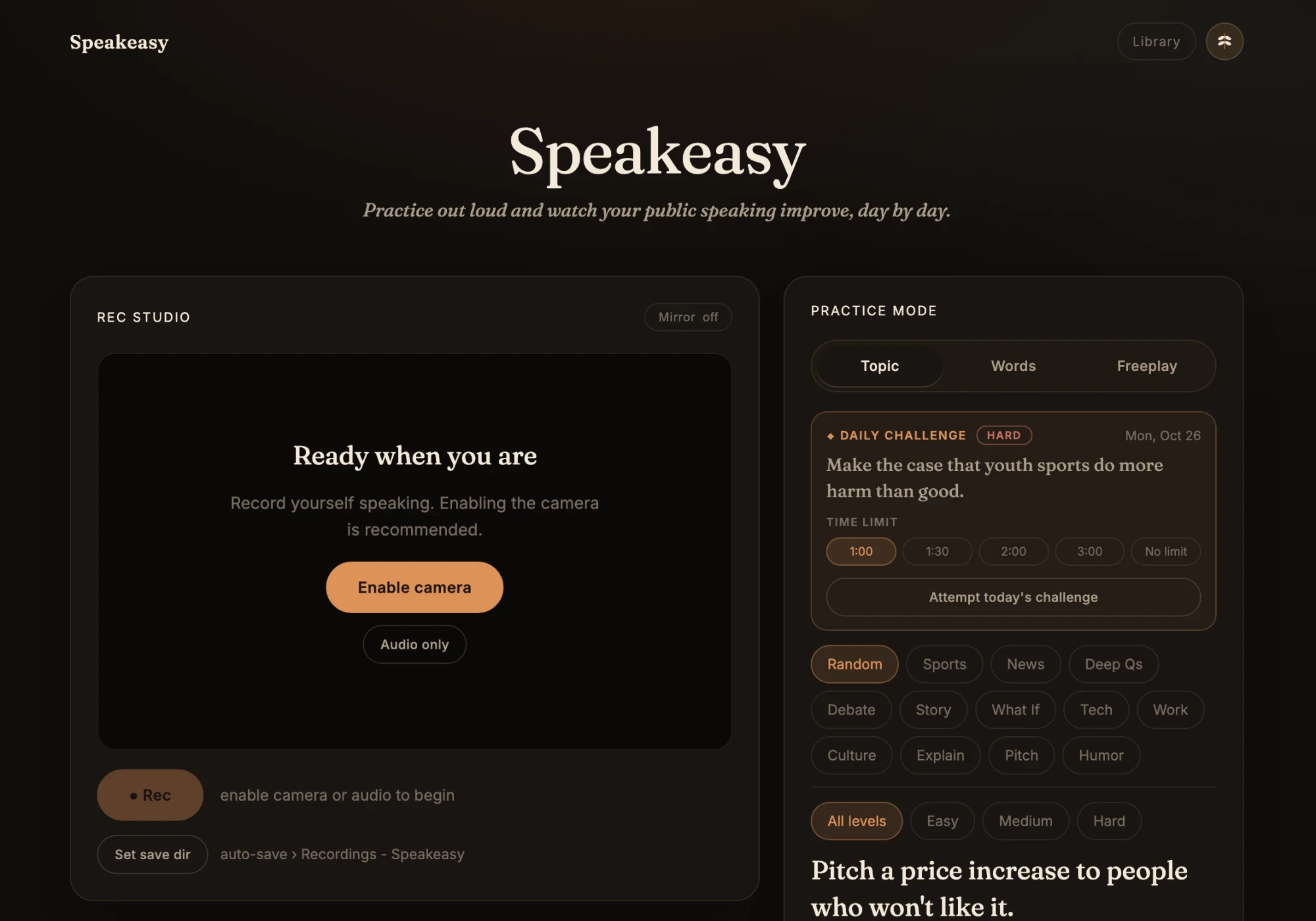 Speakeasy studio with the recording panel and practice mode picker
