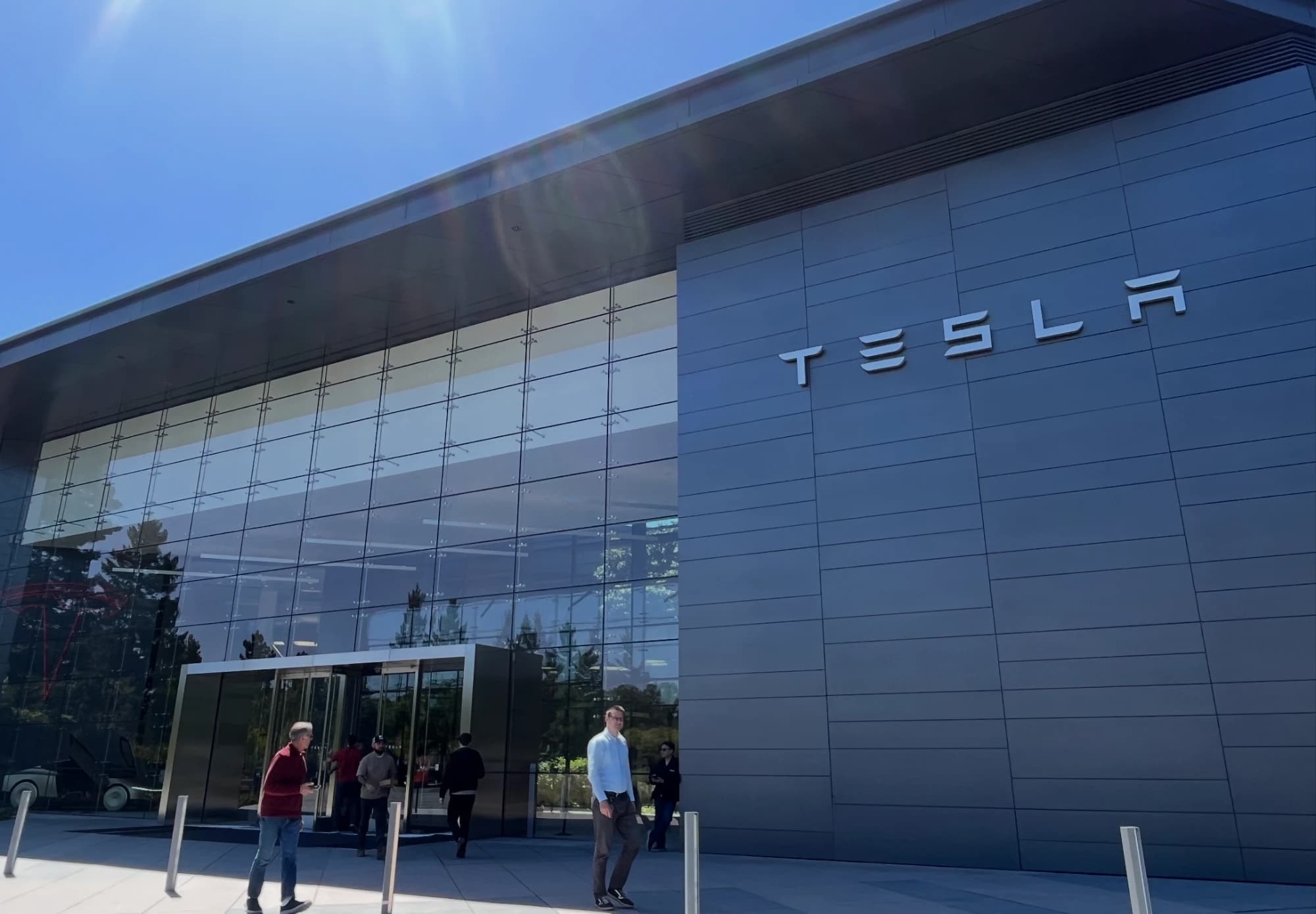 Tesla office entrance with the Tesla wordmark